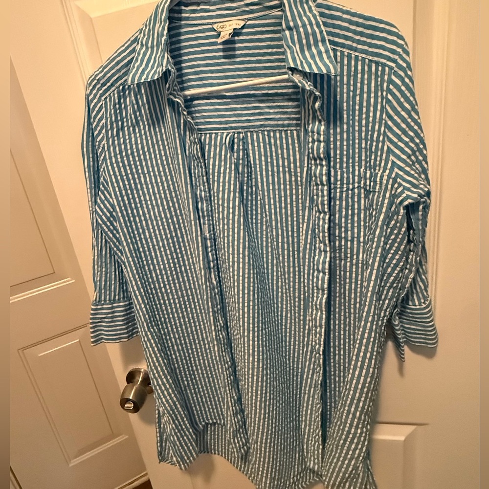 Cato Blue & White Striped Seersucker Button-Down Shirt - Size S